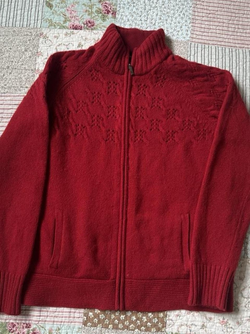 Eddie Bauer red lambs wool zip-up turtleneck sweater